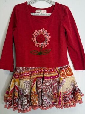 Mimi & Maggie 24M Boho Patchwork Dress Pom Pom Trim Floral Applique